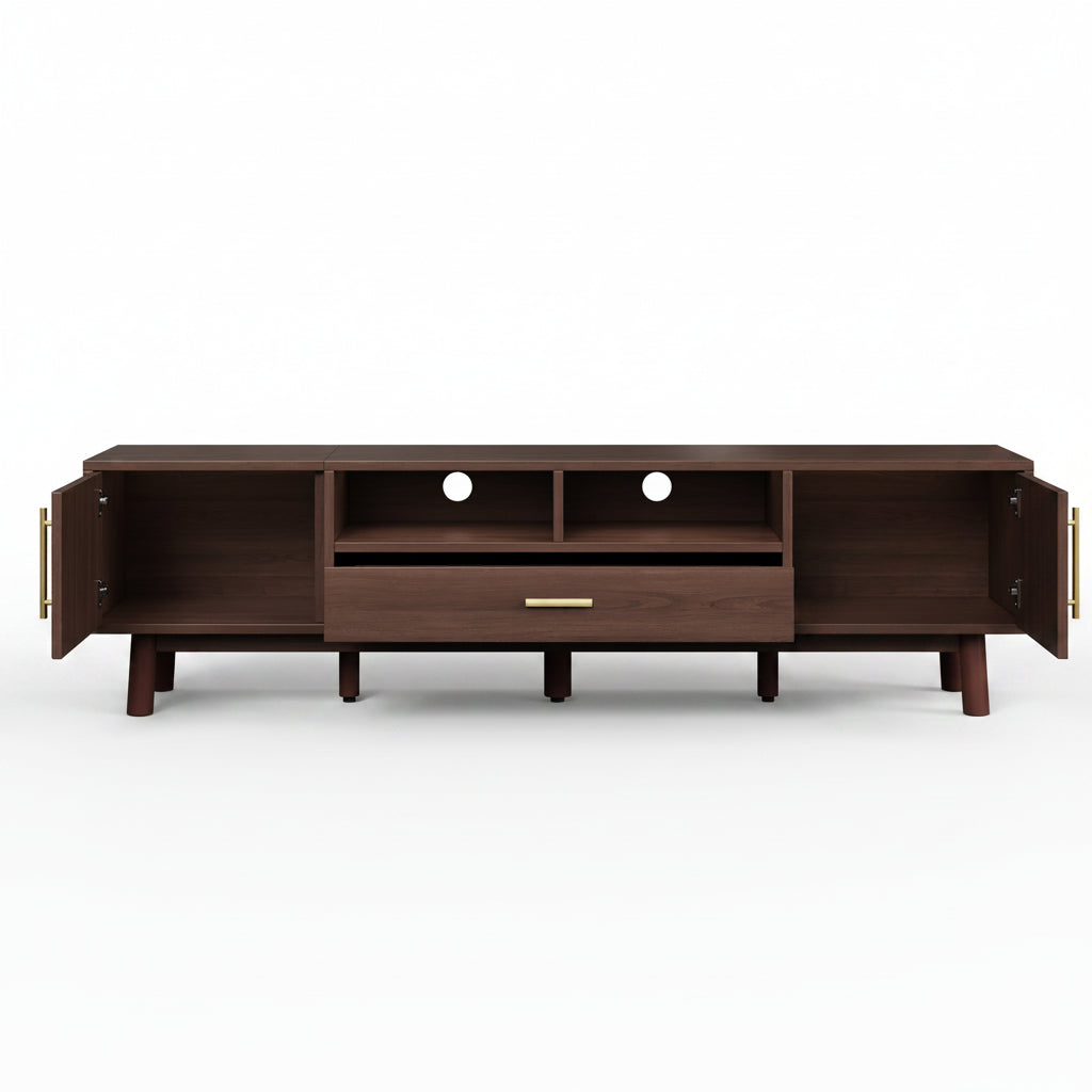 67" Rattan TV Stand with Soft-Close Cabinets & Drop-Down Door Storage
