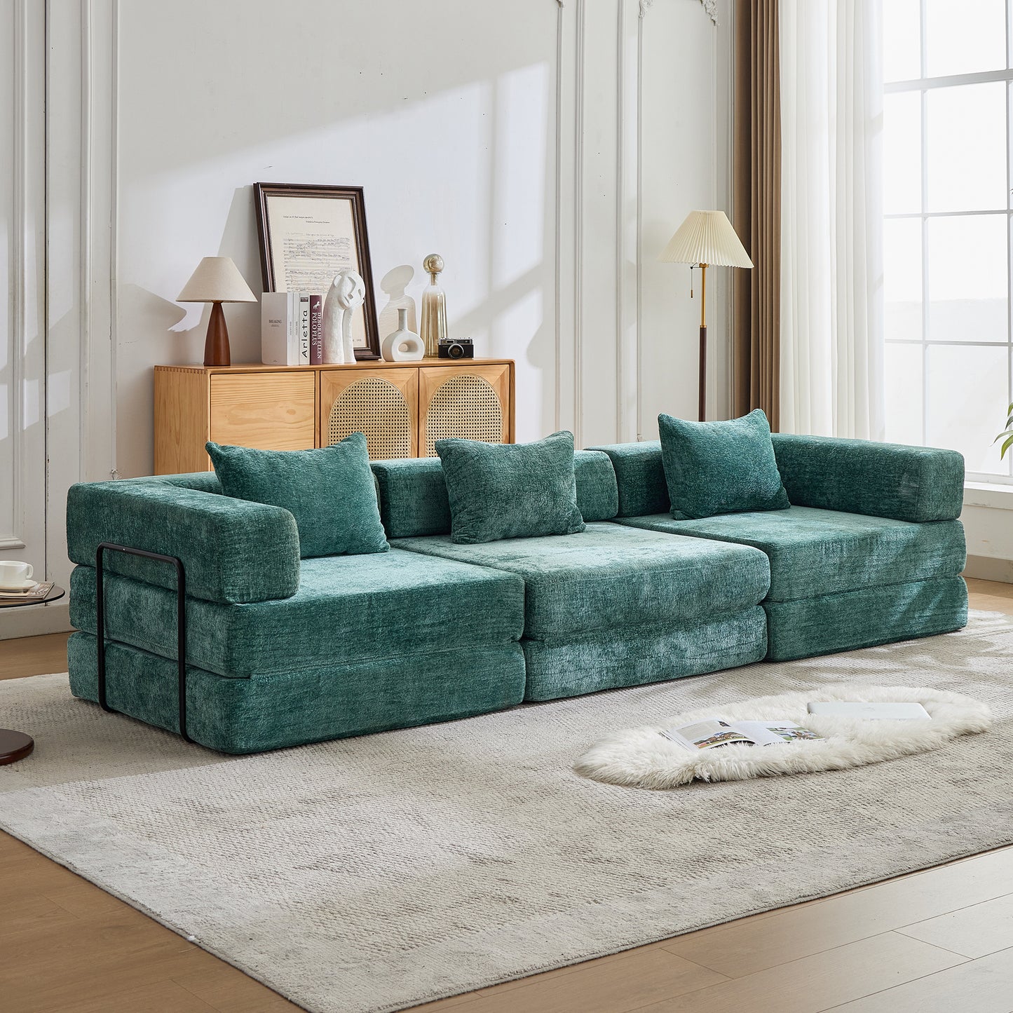 3 Seat Convertible Floor Sofa Bed With Fixed-Shape Frame