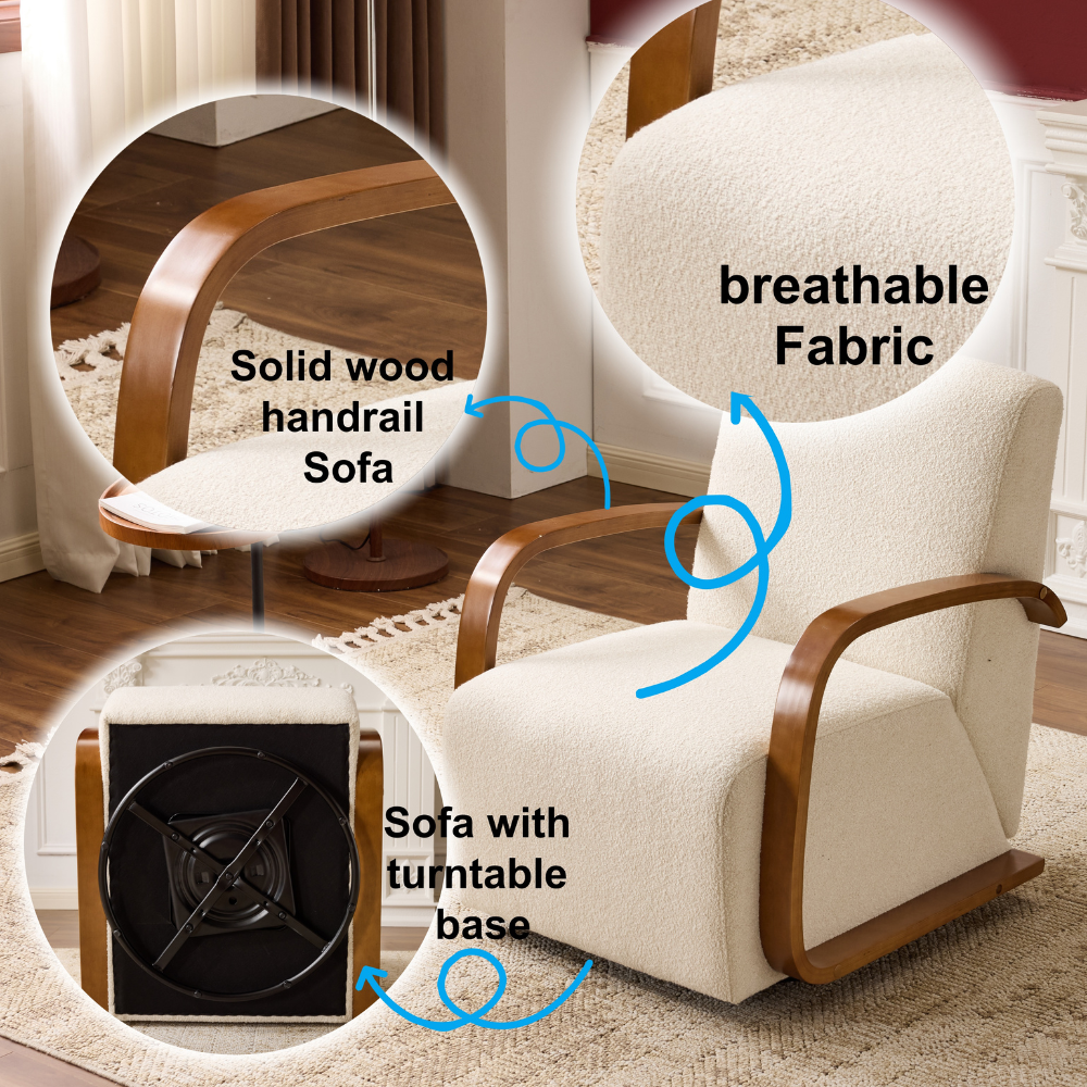 Oaxila 360° swivel accent chair with curved wood arms and plush foam upholstery, modern and comfortable seating option