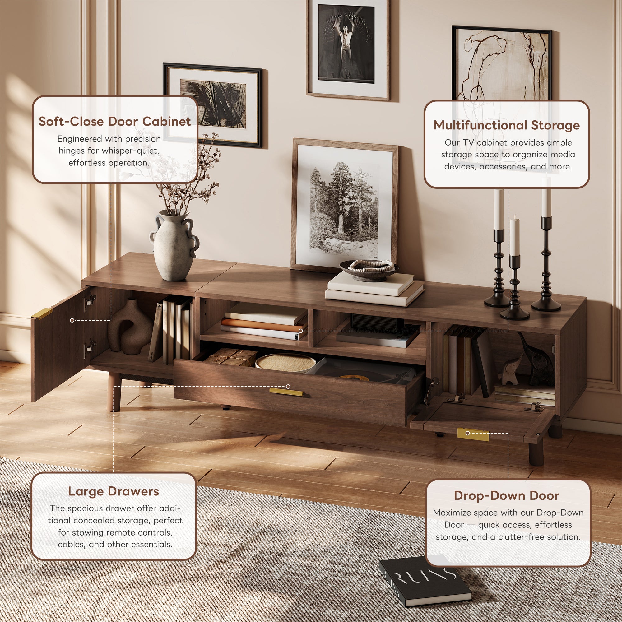 Oaxila 67-inch rattan TV stand with soft-close cabinets and drop-down door storage, featuring a stylish natural wood finish.