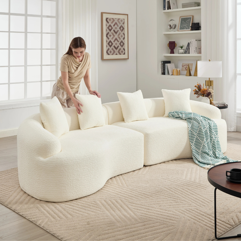 Curved Modular Sectional Sofa in White Chenille