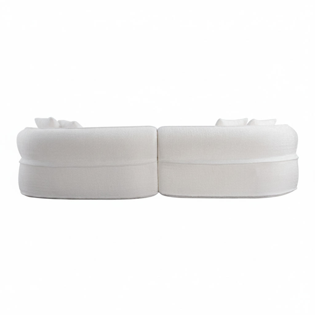 A pair of white upholstered ottoman or bench seat cushions shown from the front on a plain white background.