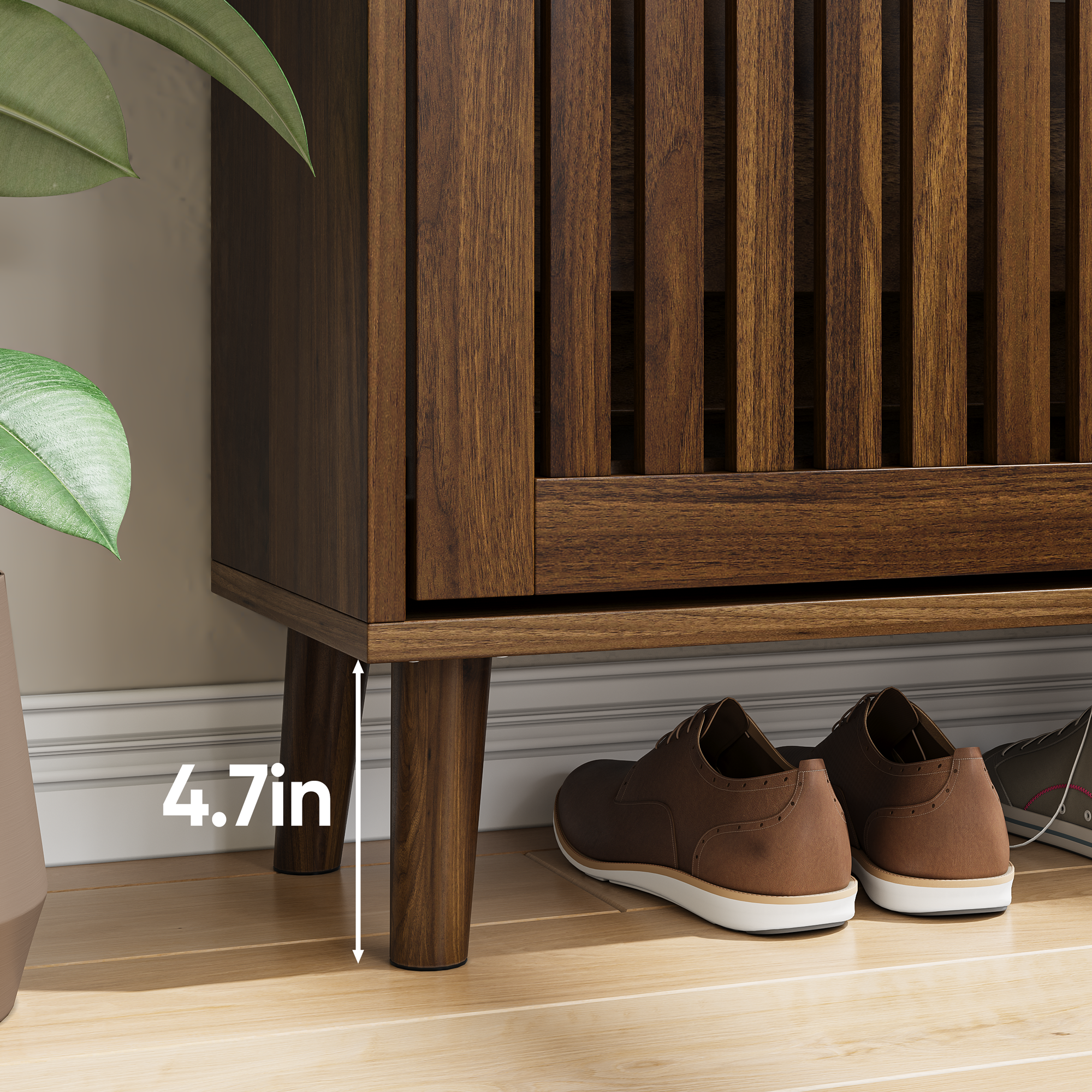 24" Walnut Shoe Cabinet with Flip Drawers & Wavy Groove Panel