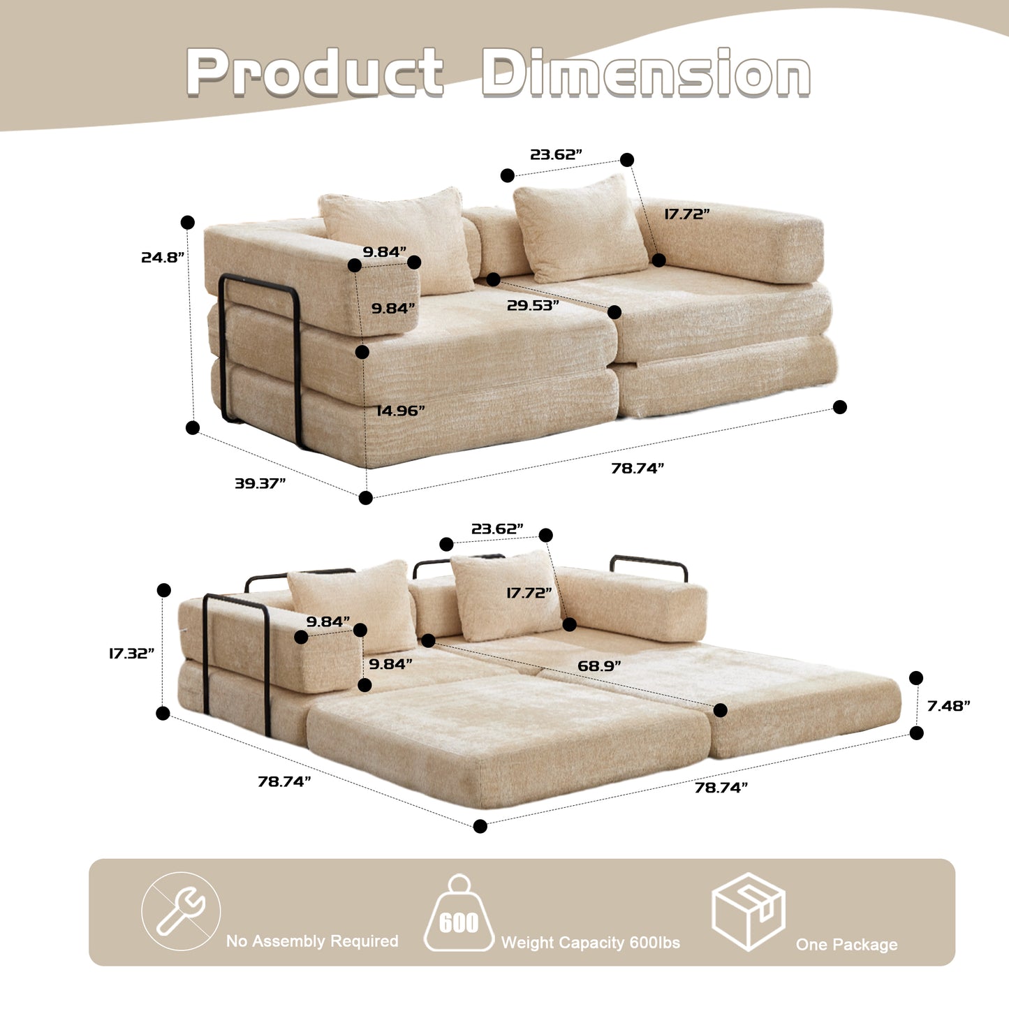 Convertible Floor Sofa Bed With Fixed-Shape Frame