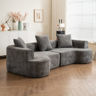 Modern Curved Fabric Sofa With 3 Pillows
