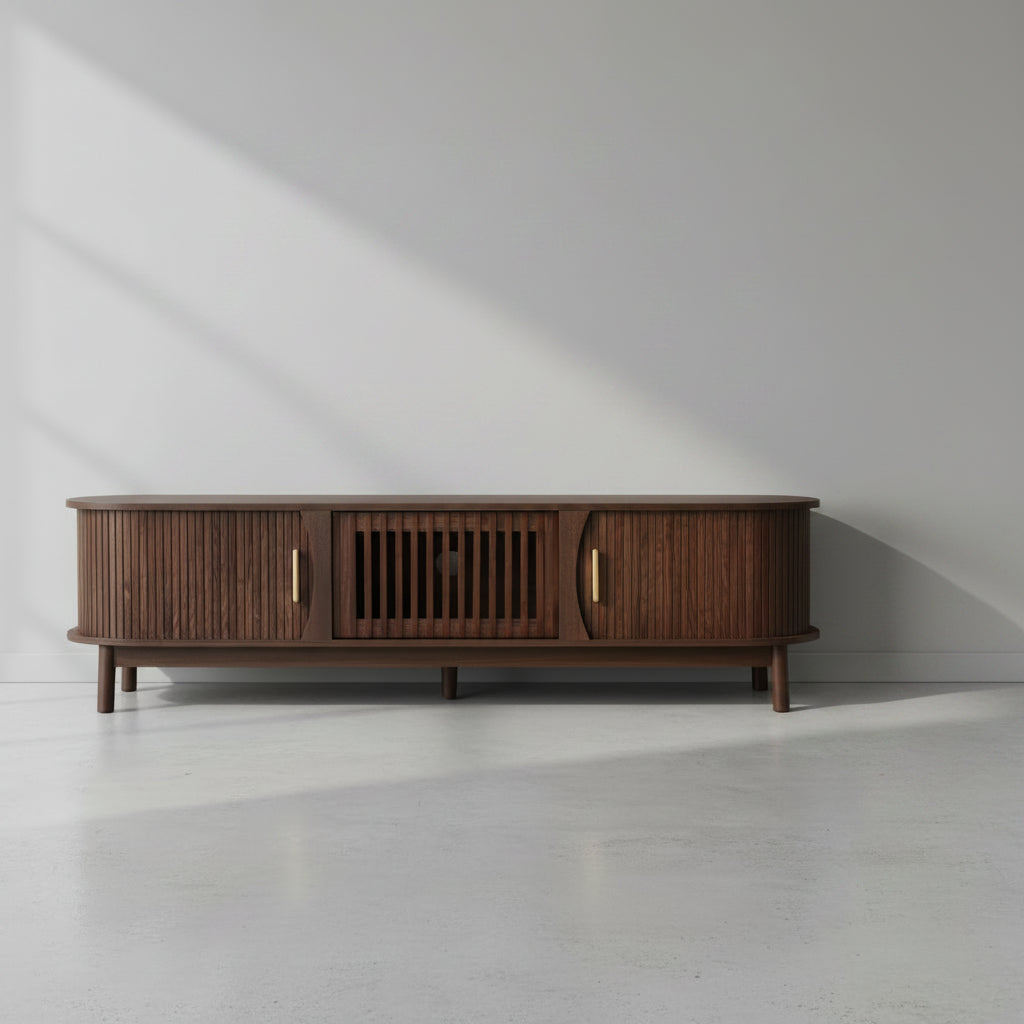 67" Farmhouse TV Stand with Sliding Doors & Drop-Down Storage