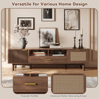 Oaxila 67-inch rattan TV stand with soft-close cabinets and drop-down door storage, modern and stylish for living room.