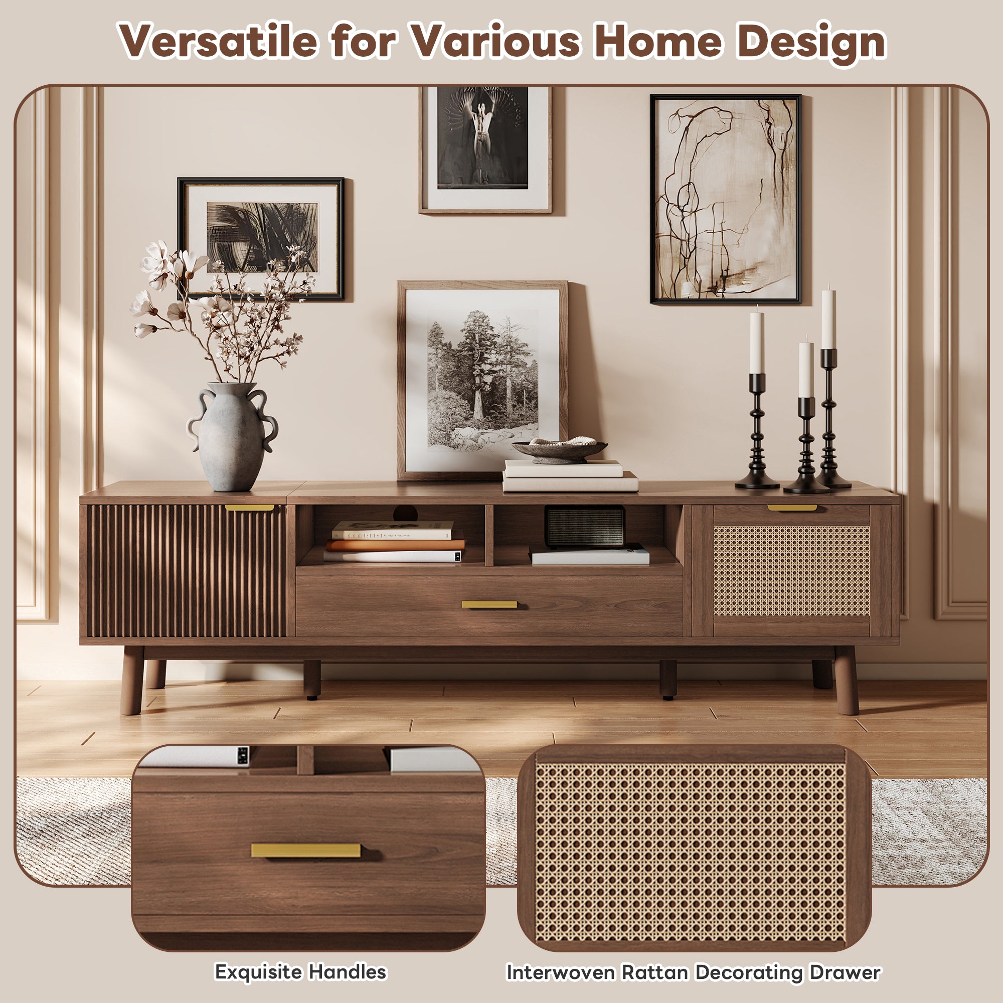 Oaxila 67-inch rattan TV stand with soft-close cabinets and drop-down door storage, modern and stylish for living room.
