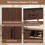 Oaxila 70-inch mid-century TV stand with tambour doors and built-in power outlet, featuring wooden finish and modern design.