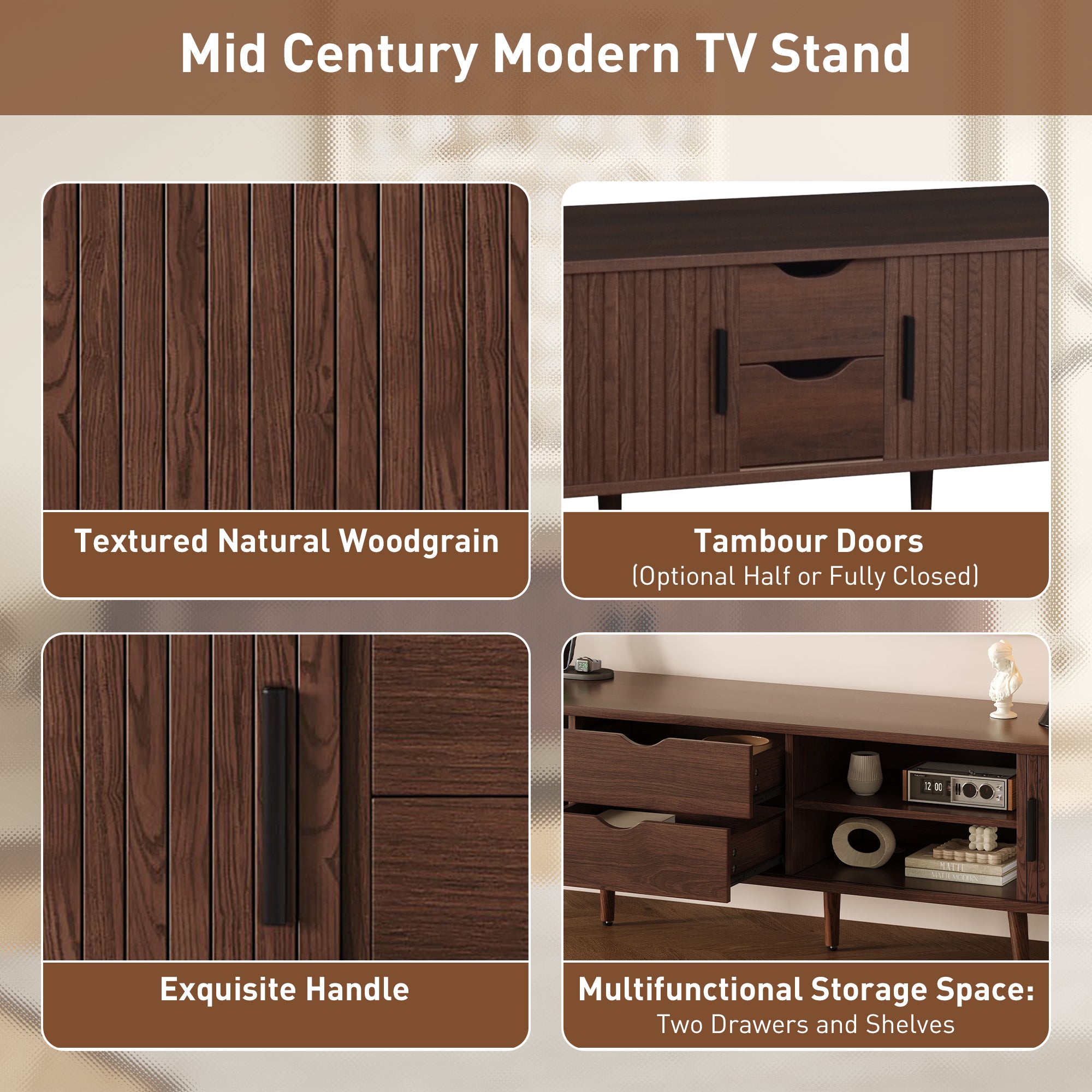 Oaxila 70-inch mid-century TV stand with tambour doors and built-in power outlet, featuring wooden finish and modern design.