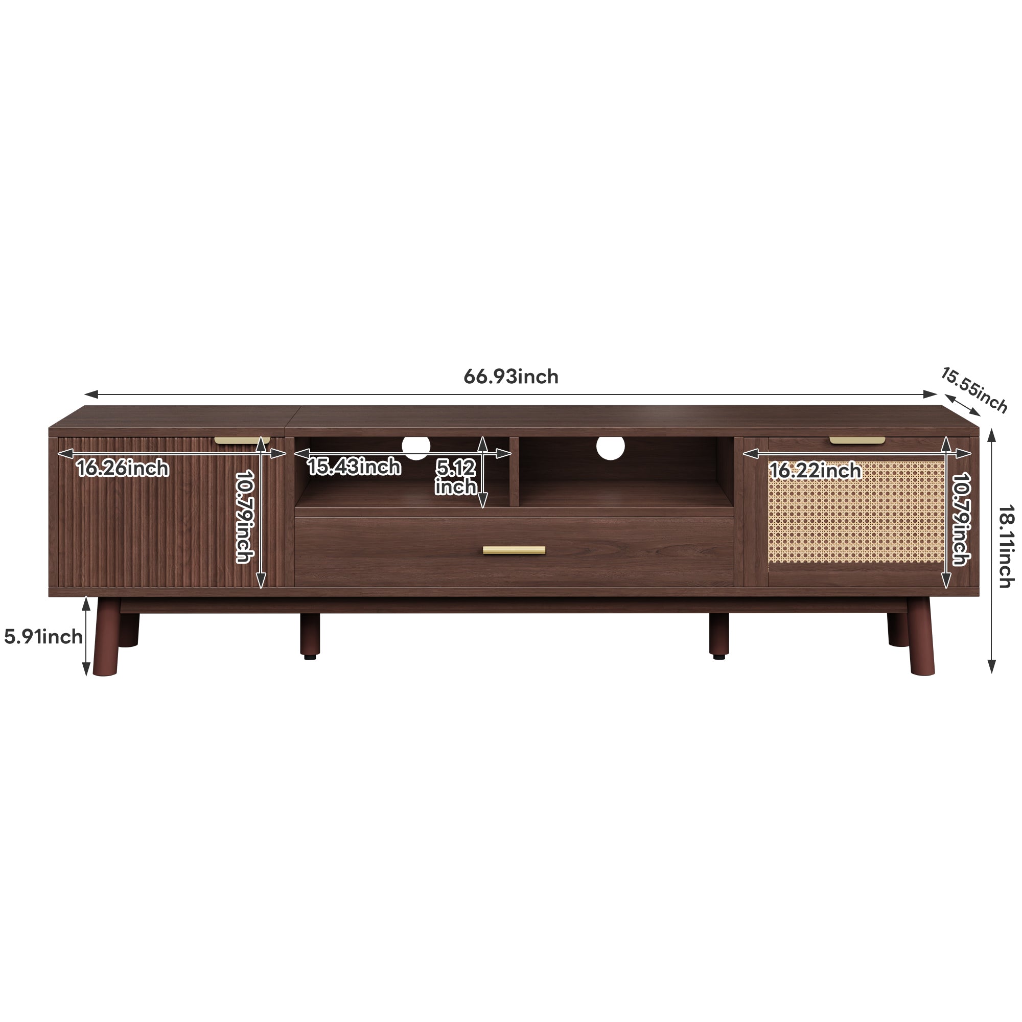 67" Rattan TV Stand with Soft-Close Cabinets & Drop-Down Door Storage