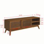 59" Mid-Century Rattan TV Stand with Solid Wood Legs & Open Shelving
