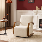 Oaxila 360° swivel accent chair with curved wood arms and plush foam upholstery, modern and comfortable seating option.