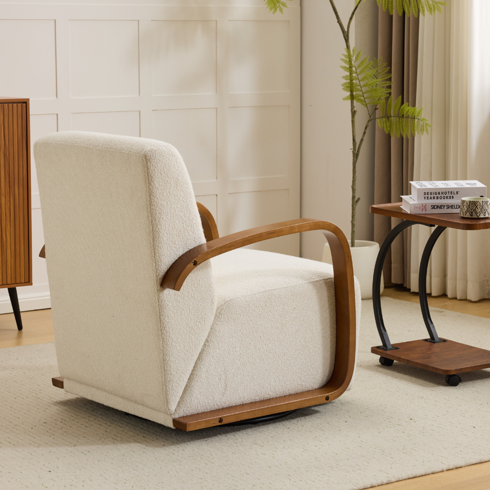 360° Swivel Accent Chair with Curved Wood Arms & Plush Foam Upholstery