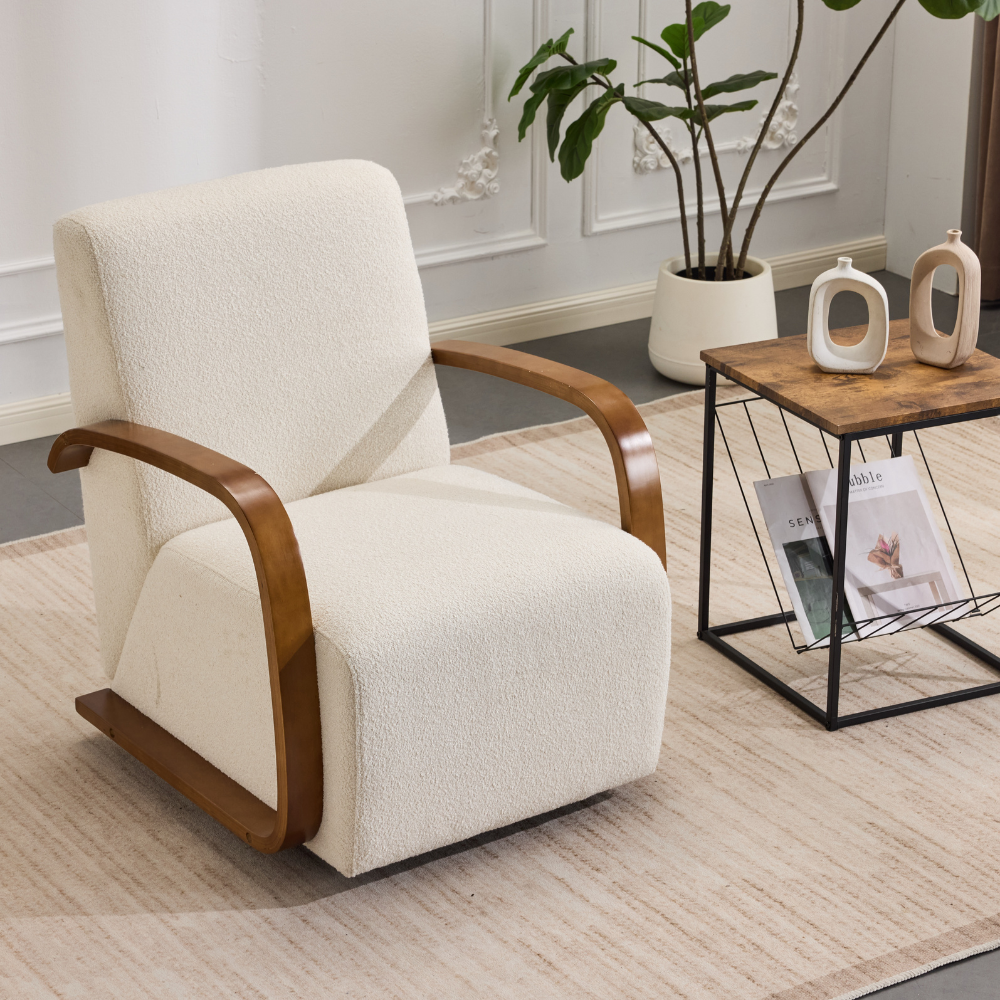 360° Swivel Accent Chair with Curved Wood Arms & Plush Foam Upholstery