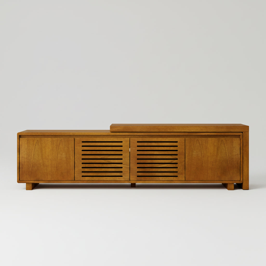 Oaxila 63-inch extendable mid-century TV stand with fluted design, showcasing sleek wood finish and adjustable length for modern living rooms.