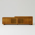 Oaxila 63-inch extendable mid-century TV stand with fluted design, showcasing sleek wood finish and adjustable length for modern living rooms.