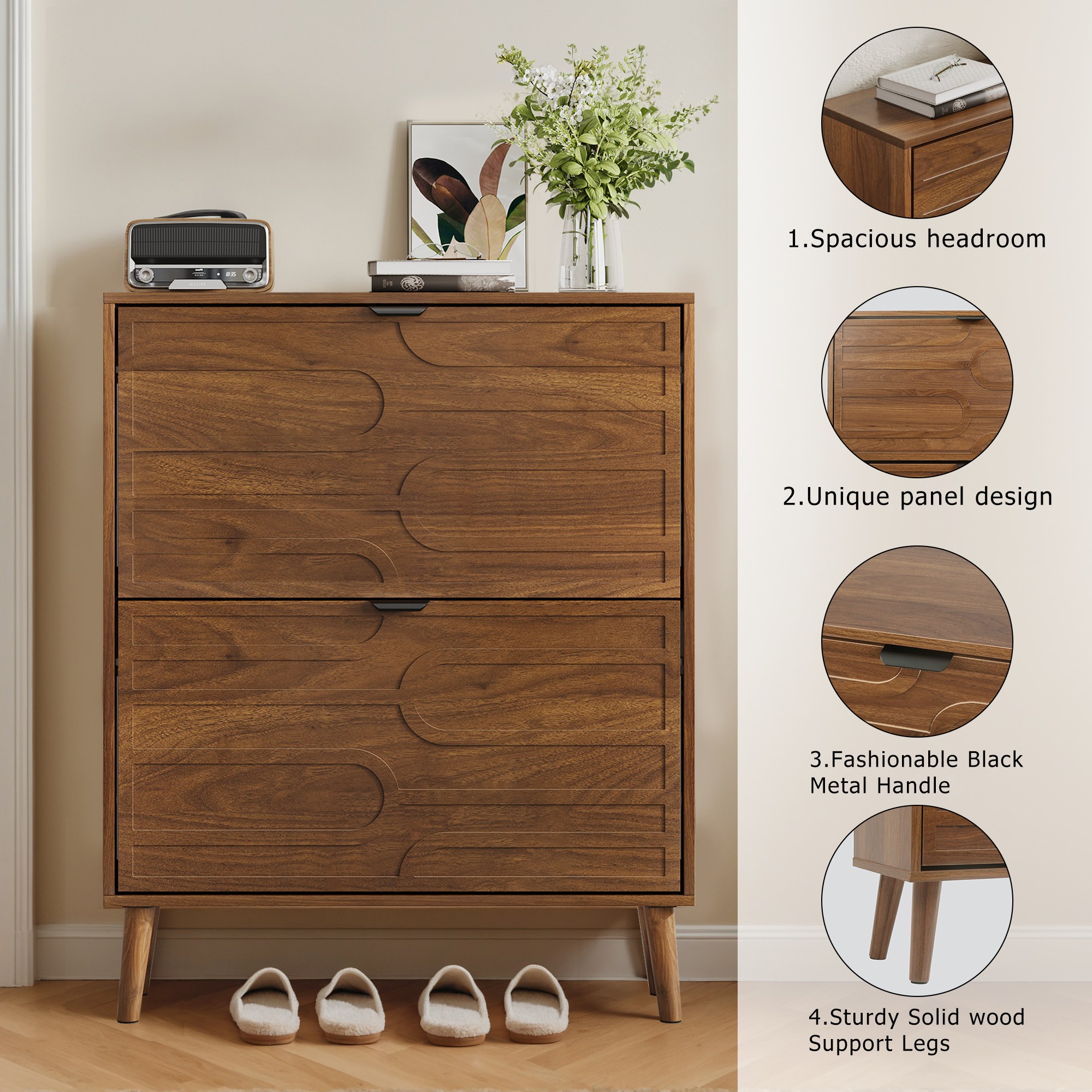 32" Walnut Shoe Cabinet with Flip Drawers & Paperclip Groove Panel