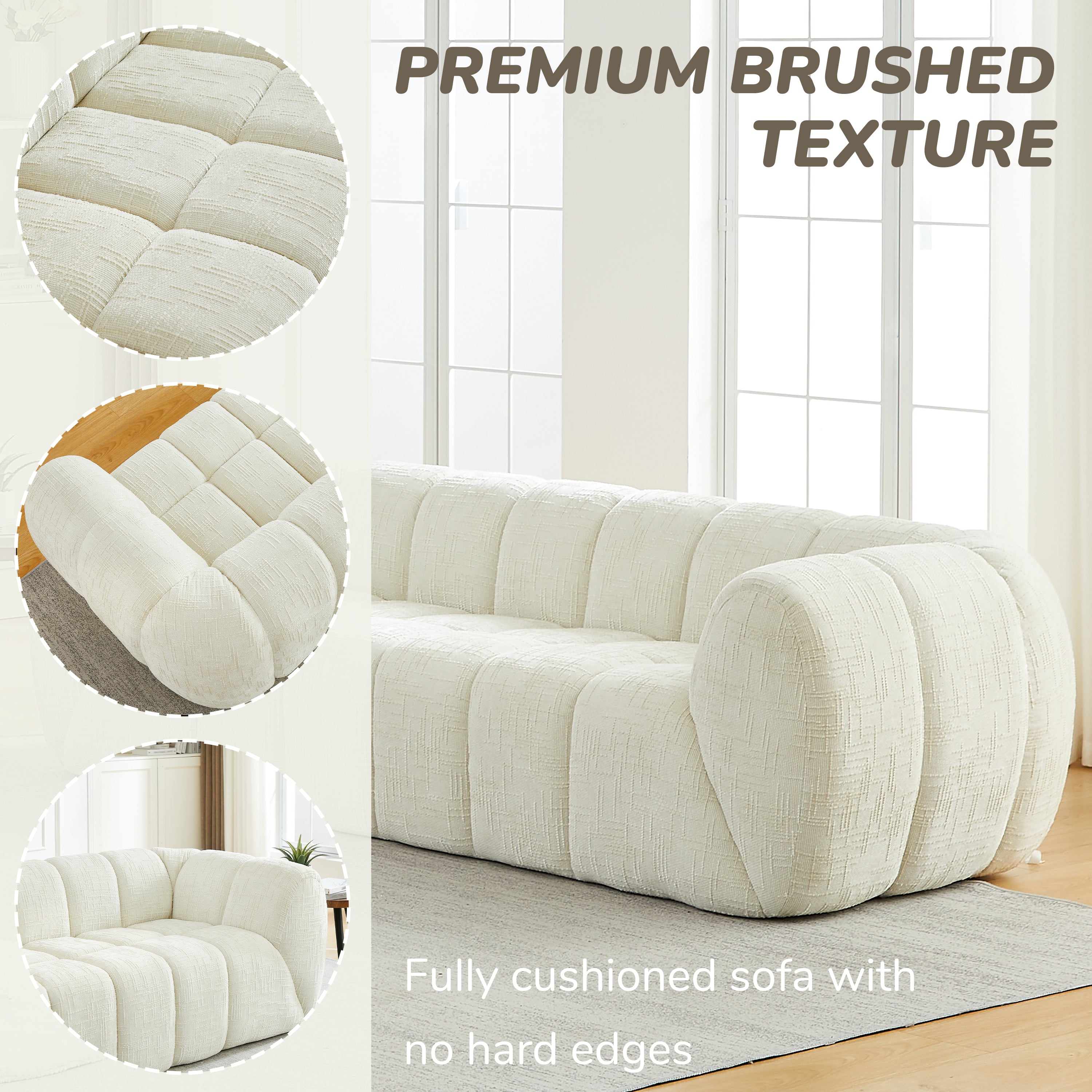 3-Seat Cloud Sofa with Quilted Chenille & Piano-Key Backrest Design