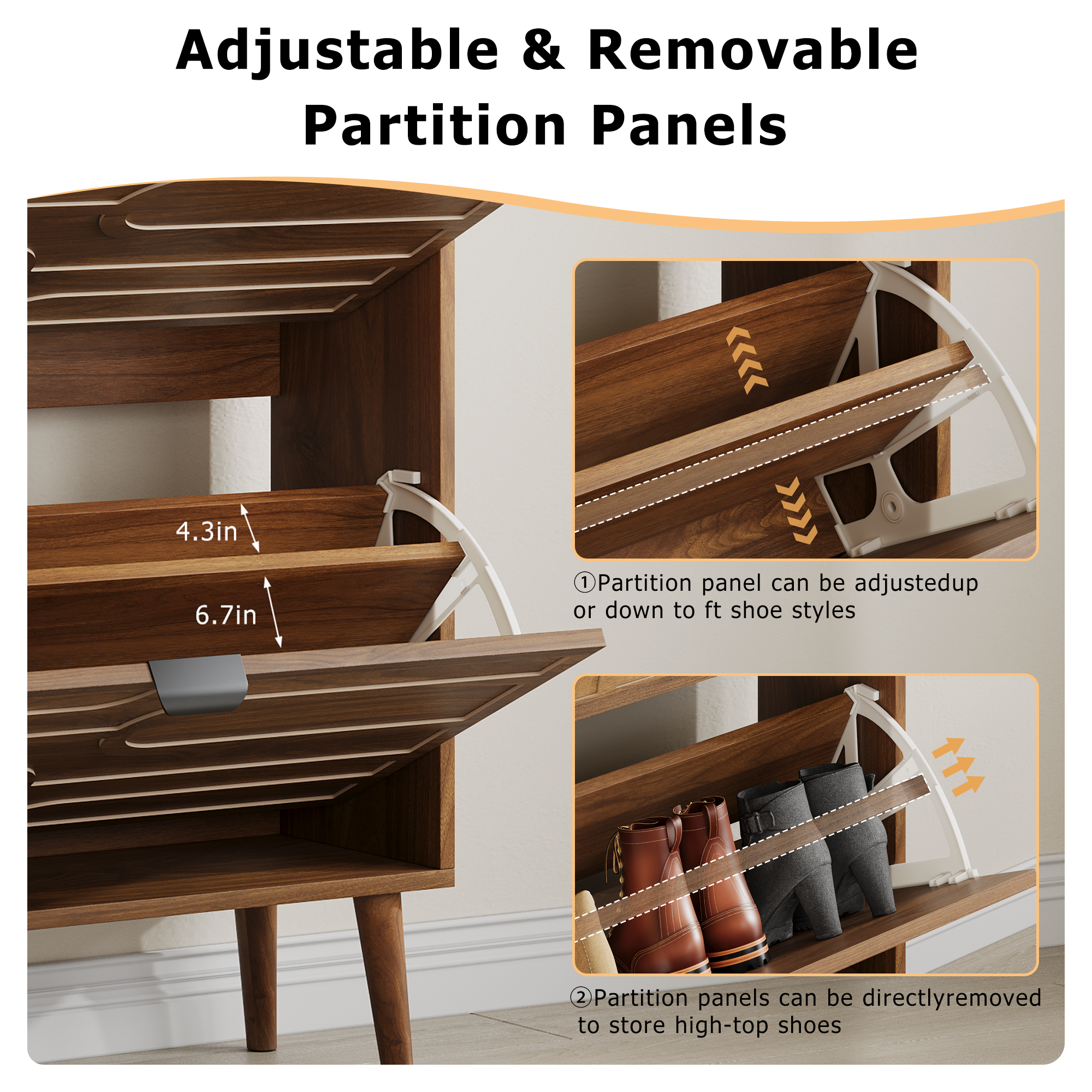 32" Walnut Shoe Cabinet with Flip Drawers & Paperclip Groove Panel