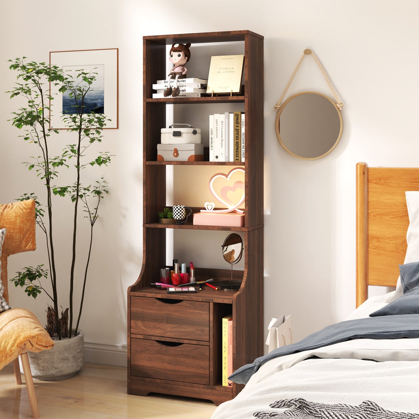 Night Stand With Bookshelf & 2 Storage Drawers