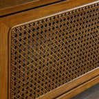 59" Mid-Century Rattan TV Stand with Solid Wood Legs & Open Shelving