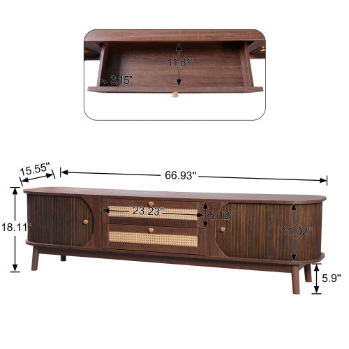 67" Rattan Media Console with Solid Wood Legs & Cable Management