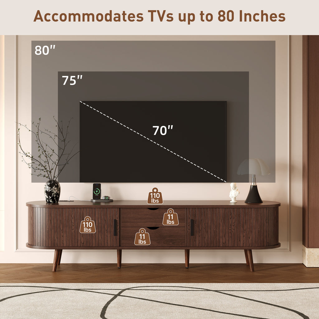 Oaxila 70-inch mid-century TV stand with tambour doors and built-in power outlet, featuring sleek wood finish and modern design.
